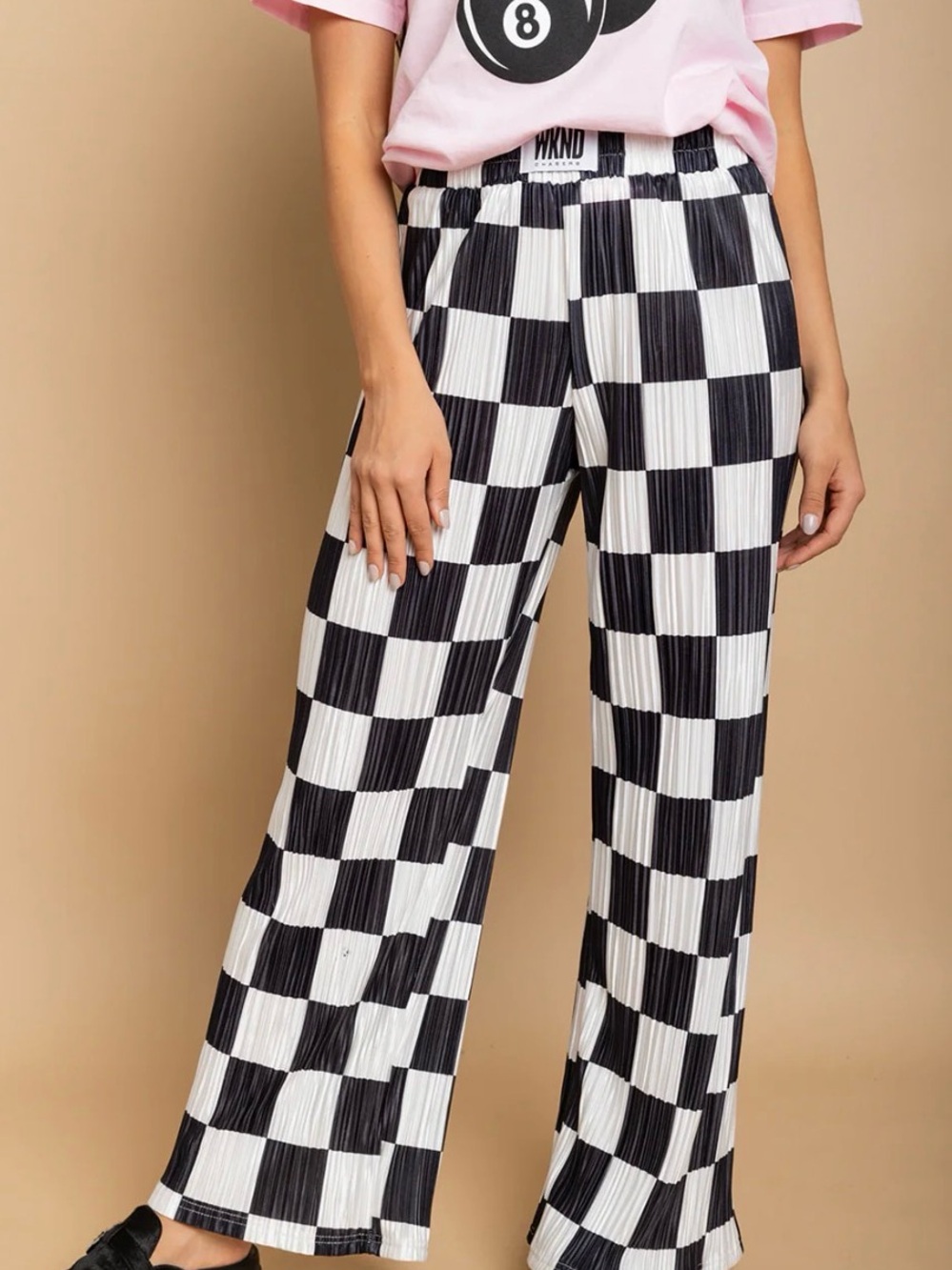 Wknd Chasers Black & White Checker Wide Leg Pants